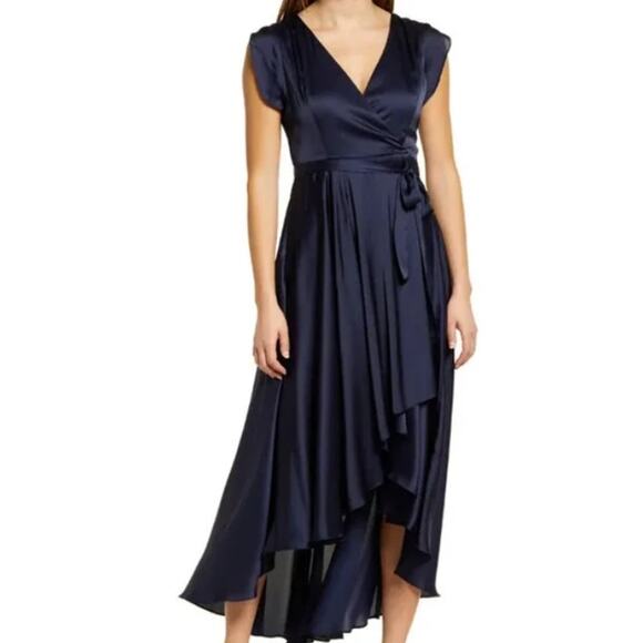 LULU'S M Navy Blue Fallen For You Satin Vneck Faux Wrap Hi-Low Dress NEW B122 - Picture 1 of 9